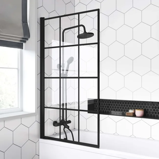 Stafford Round Shower Bath 1400x700 & 6mm Easy Clean Matt Black Grid Bath Screen