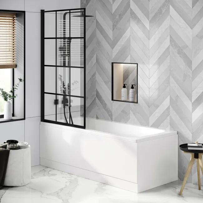 Hereford Square Shower Bath 1500x700 & 6mm Easy Clean Matt Black Grid Bath Screen