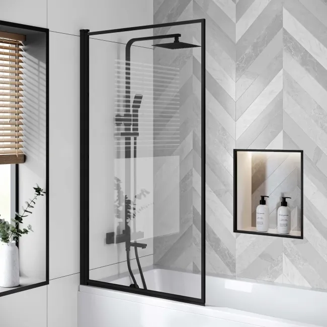 Hereford 1800x800 Square Shower Bath & 6mm Easy Clean Matt Black Framed Bath Screen