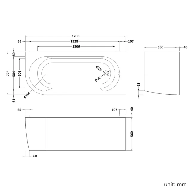 Oakham 1700 Space Saving Shower Bath & 6mm Easy Clean Screen- Right Handed