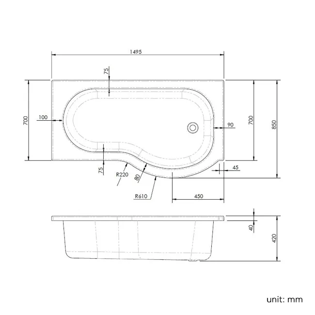 P Shaped 1500 Shower Bath with Front Panel & 4mm Screen - Right Handed