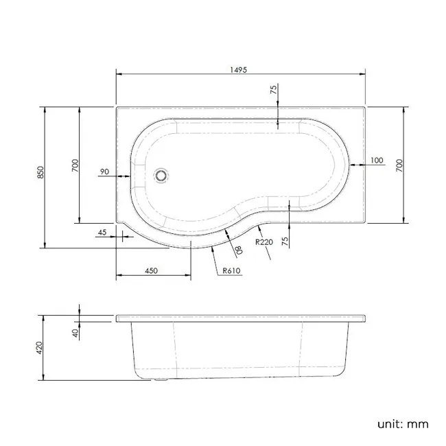 P Shaped 1500 Shower Bath with Front Panel & 4mm Screen with Rail - Left Handed
