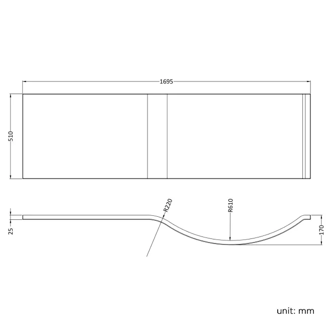P Shaped 1700 Bath with Front Panel - Left Handed