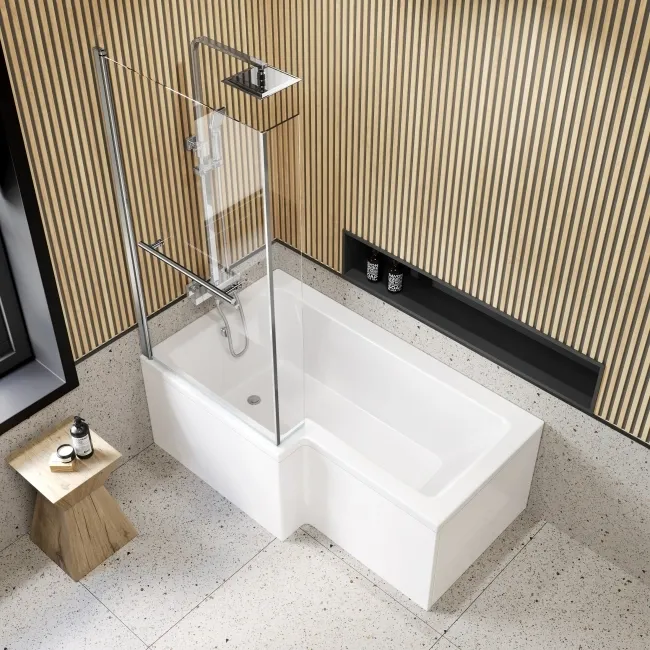 L Shaped 1500 Shower Bath & 6mm Easy Clean Screen with Rail - Left Handed