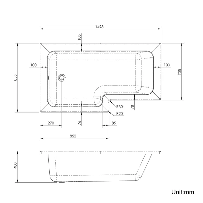 L Shaped 1500 Shower Bath & 6mm Easy Clean Screen with Rail - Left Handed