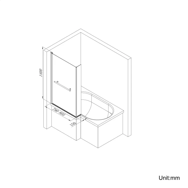 L Shaped 1500 Shower Bath & 6mm Easy Clean Screen with Rail - Left Handed