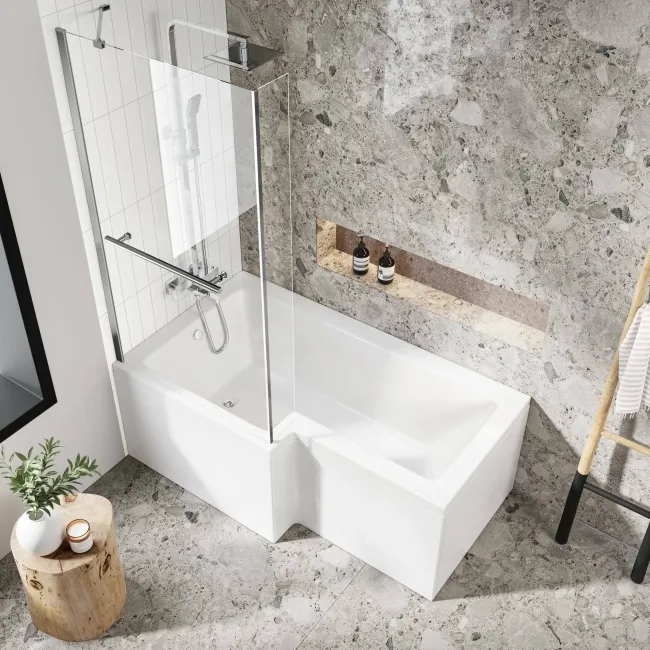 L Shaped 1500 Shower Bath with Front Panel & 4mm Fixed Screen with Rail - Left Handed