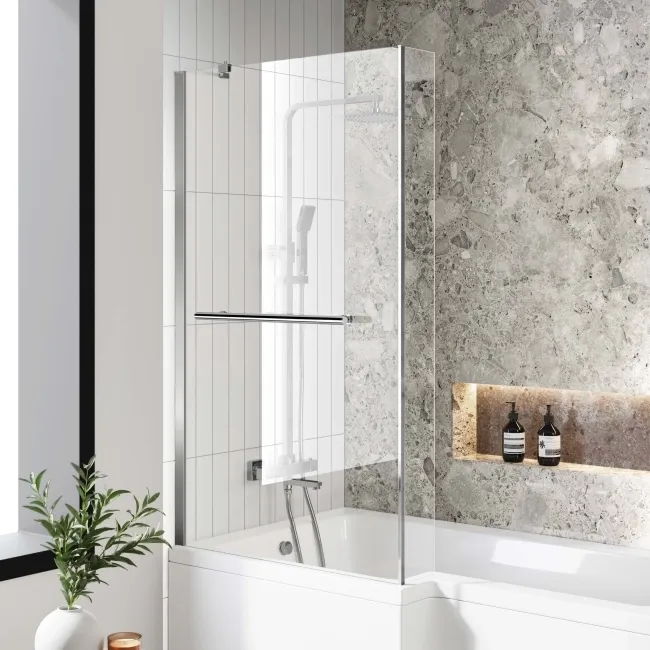 L Shaped 1500 Shower Bath with Front Panel & 4mm Fixed Screen with Rail - Left Handed