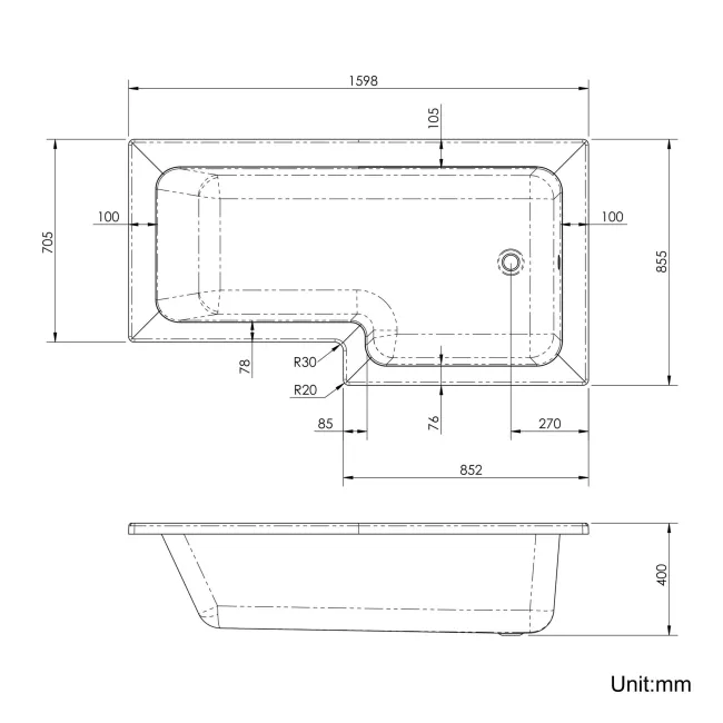 L Shaped 1600 Bath with Front Panel - Right Handed