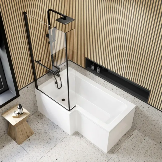 L Shaped 1600 Shower Bath with Front Panel & 6mm Matt Black Easy Clean Screen with Rail - Left Handed