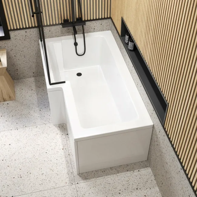 L Shaped 1600 Shower Bath with Front Panel & 6mm Matt Black Easy Clean Screen with Rail - Left Handed