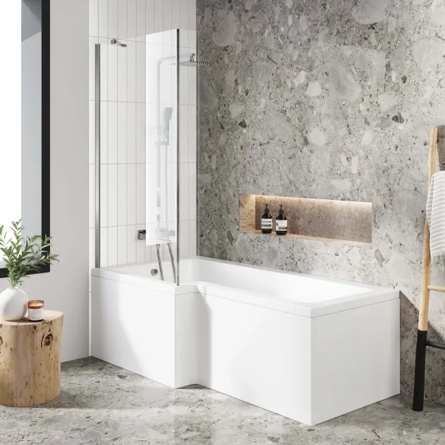 L Shaped 1700 Shower Bath with Front Panel & 4mm Fixed Screen - Left Handed