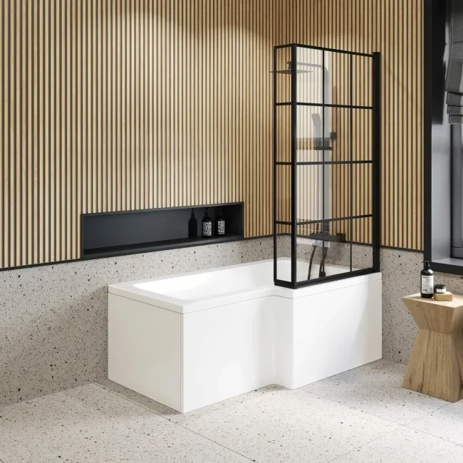 L Shaped 1600 Shower Bath with Front Panel & 6mm Easy Clean Matt Black Grid Bath Screen - Right Handed