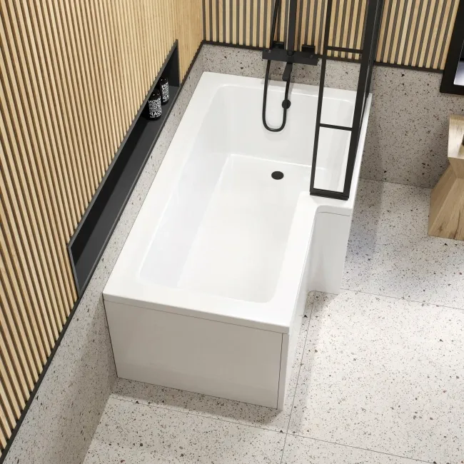 L Shaped 1600 Shower Bath with Front Panel & 6mm Easy Clean Matt Black Grid Bath Screen - Right Handed