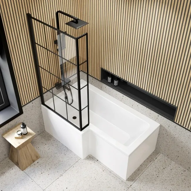 L Shaped 1500 Shower Bath with Front Panel & 6mm Easy Clean Matt Black Grid Bath Screen - Left Handed