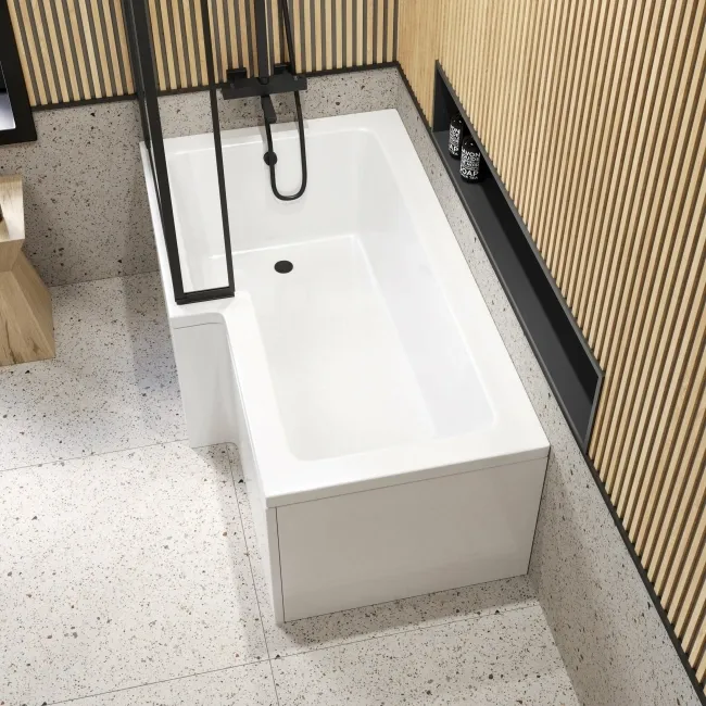 L Shaped 1500 Shower Bath with Front Panel & 6mm Easy Clean Matt Black Framed Bath Screen - Left Handed