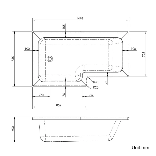 L Shaped 1500 Shower Bath with Front Panel & 6mm Easy Clean Matt Black Framed Bath Screen - Left Handed