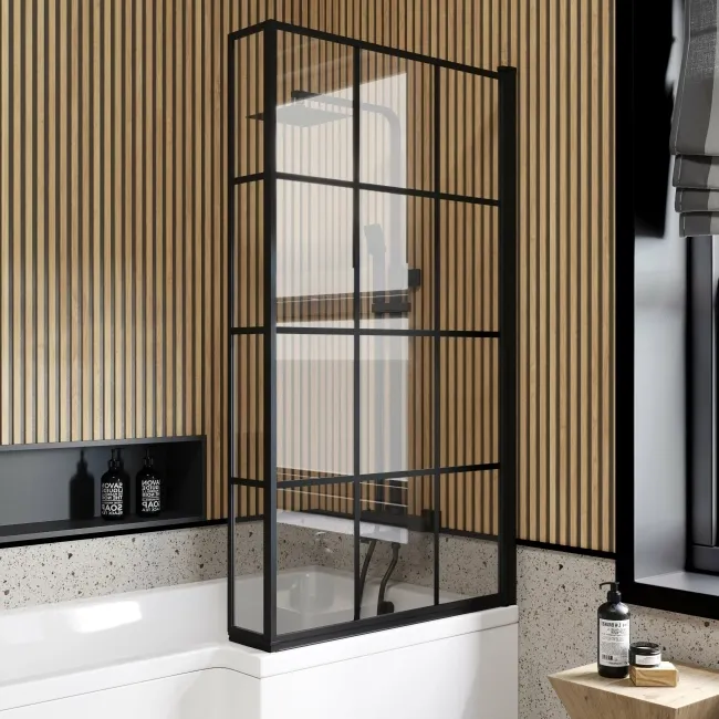 L Shaped 1700 Shower Bath with Front Panel & 6mm Easy Clean Matt Black Grid Bath Screen - Right Handed