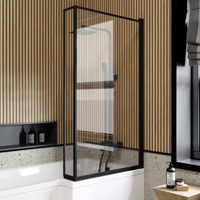 L Shaped 1700 Shower Bath with Front Panel & 6mm Easy Clean Matt Black Framed Bath Screen - Right Handed