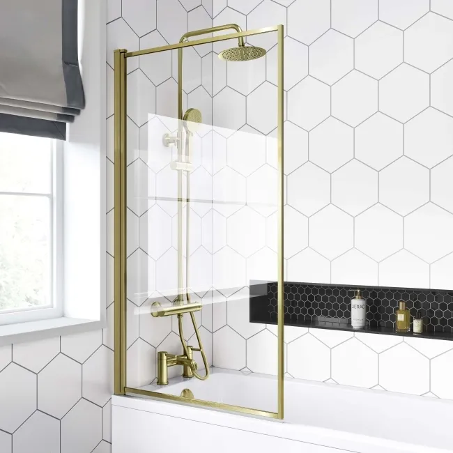 Stafford 1600x700 Round Shower Bath & 6mm Easy Clean Brushed Brass Framed Bath Screen