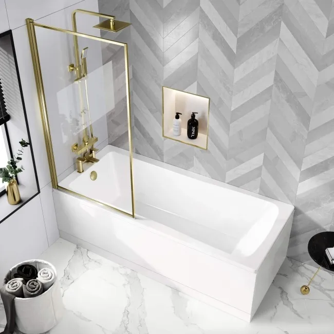 Hereford 1800x800 Square Shower Bath & 6mm Easy Clean Brushed Brass Framed Bath Screen
