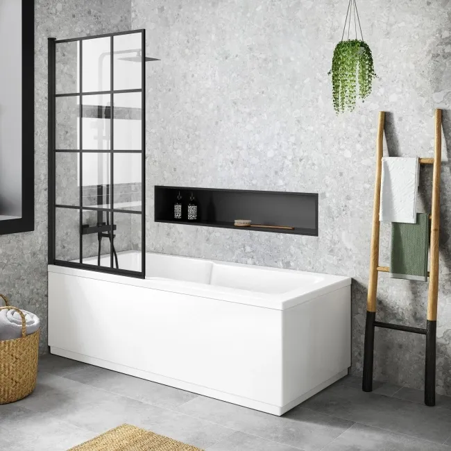 Dover 1700x750 Keyhole Shower Bath & 6mm Easy Clean Matt Black Grid Bath Screen