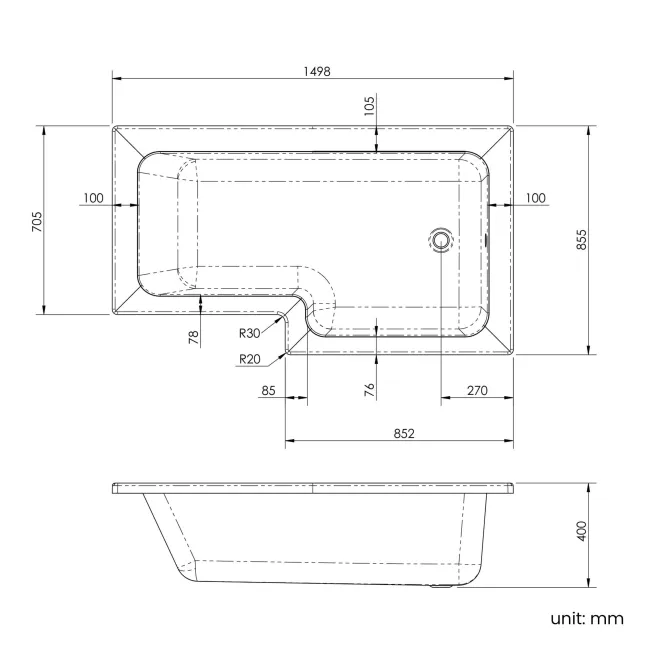 L Shaped 1500 Shower Bath & 6mm Easy Clean Brushed Brass Bath Screen - Right Handed