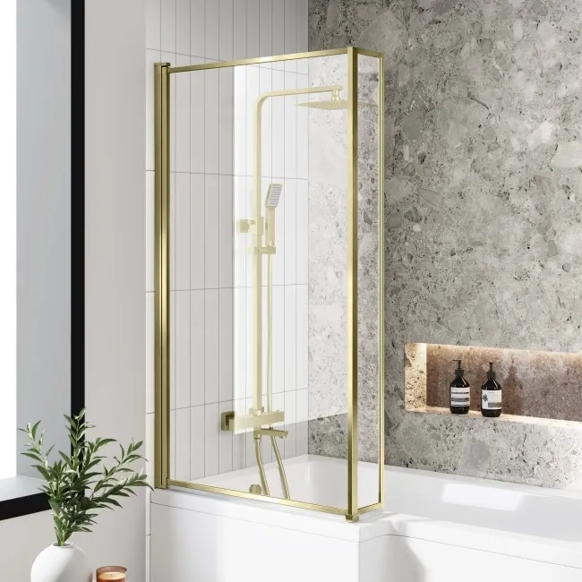 L Shaped 1500 Shower Bath with Front Panel & 6mm Easy Clean Brushed Brass Bath Screen - Left Handed