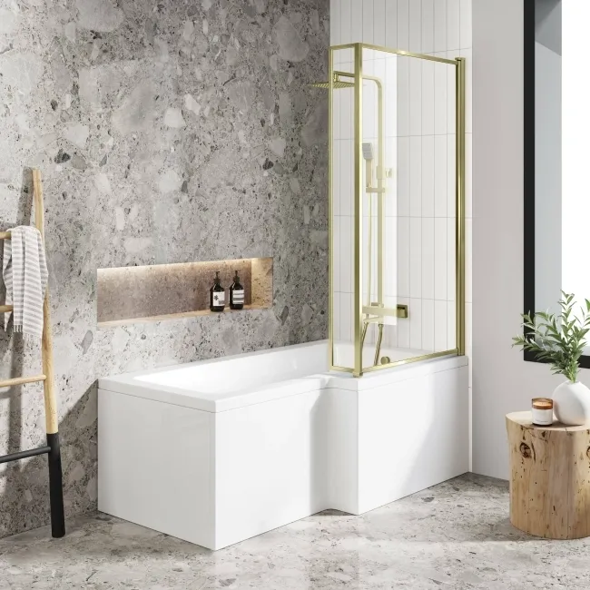 L Shaped 1600 Shower Bath with Front Panel & 6mm Easy Clean Brushed Brass Bath Screen - Right Handed