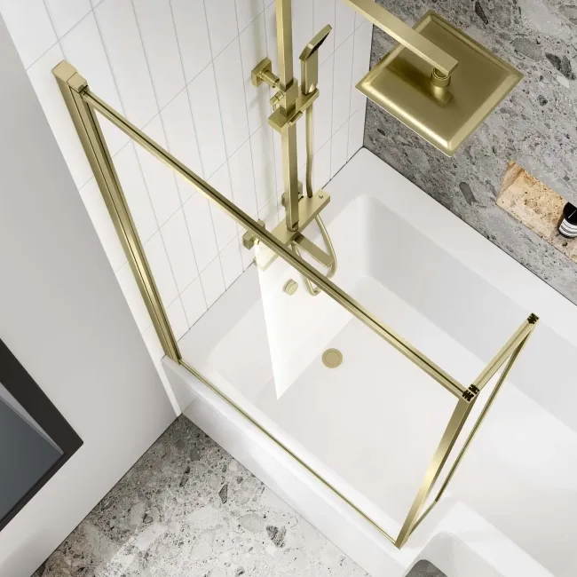 L Shaped 1700 Shower Bath with Front Panel & 6mm Easy Clean Brushed Brass Bath Screen - Left Handed