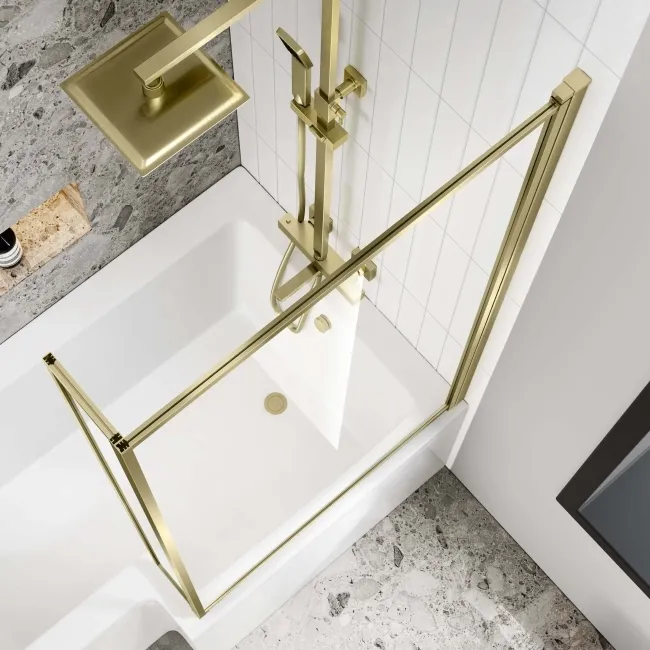 L Shaped 1700 Shower Bath with Front Panel & 6mm Easy Clean Brushed Brass Bath Screen - Right Handed