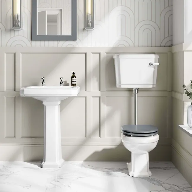 Hudson Traditional Low-Level Toilet With Dove Grey Seat & Pedestal Basin - Double Tap Hole