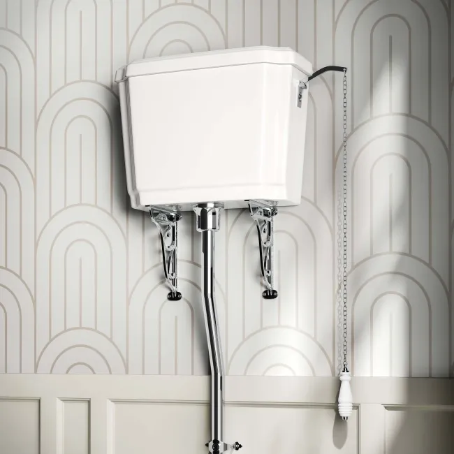 Hudson Traditional High-Level Toilet With Dove Grey Seat & Pedestal Basin - Double Tap Hole
