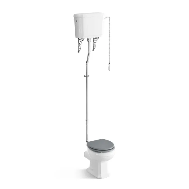 Hudson Traditional High-Level Toilet With Dove Grey Seat & Pedestal Basin - Double Tap Hole
