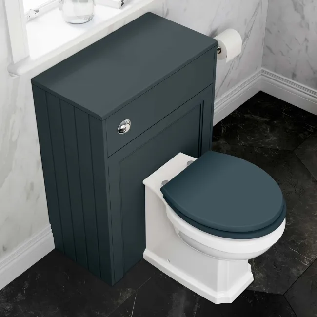 Hudson Traditional Back To Wall Toilet With Inky Blue Wooden Seat and Concealed Cistern