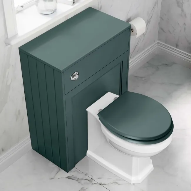 Hudson Traditional Back To Wall Toilet With Midnight Green Wooden Seat and Concealed Cistern
