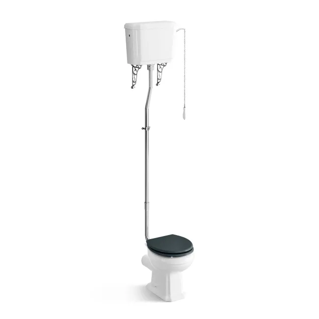 Hudson Traditional High-Level Toilet With Midnight Green Seat & Pedestal Basin - Double Tap Hole