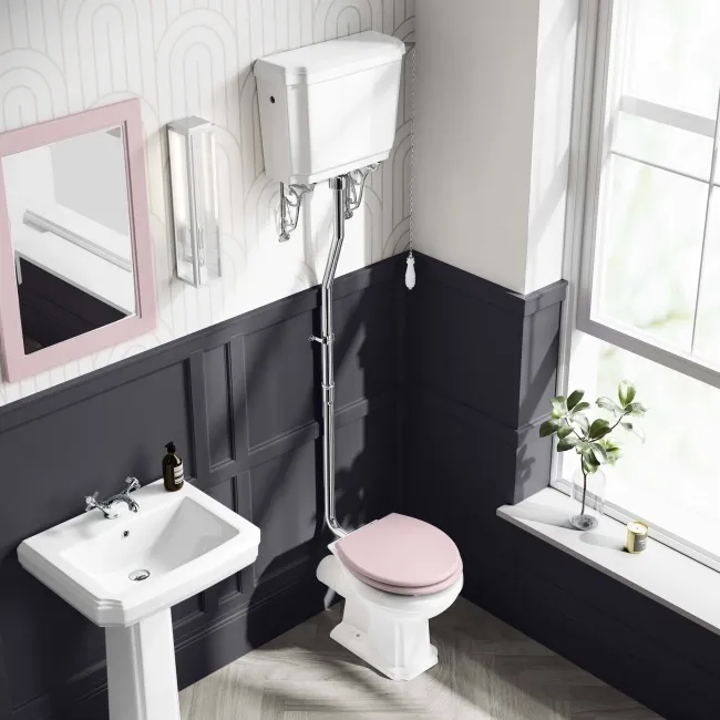 Hudson Traditional High-Level Toilet With Cashmere Pink Seat & Pedestal Basin - Single Tap Hole