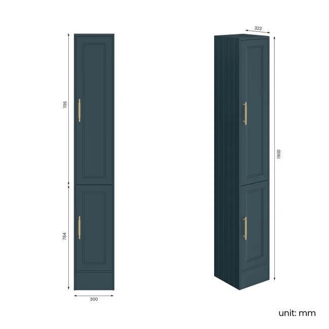 Monaco Inky Blue Floor Standing Tall Cabinet Unit 1900x300mm - Brass Knurled Handles