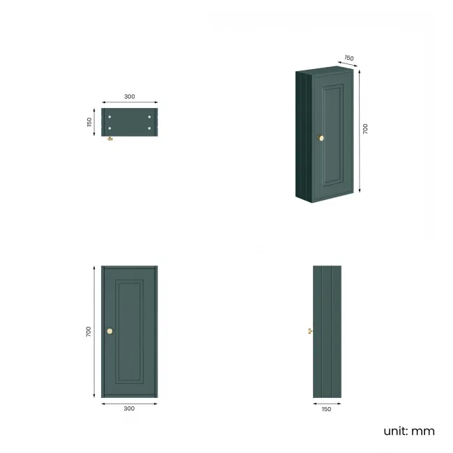 Midnight Green Wall Hung Cabinet 700x300mm - Brushed Brass Accents