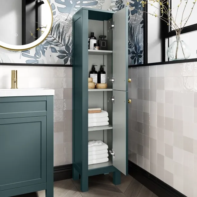 Bermuda Midnight Green Floor Standing Tall Cabinet 1500x350mm - Brushed Brass Accents