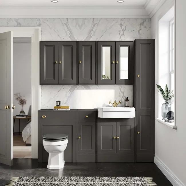 Graphite Grey Wall Hung Cabinet 700x600mm - Brushed Brass Accents