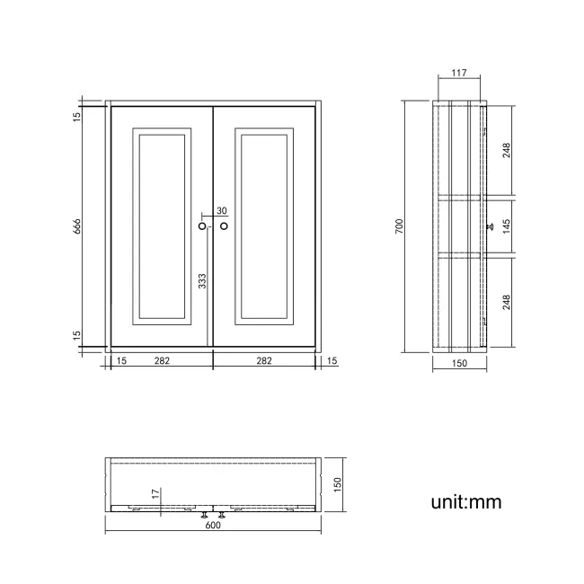 Graphite Grey Wall Hung Cabinet 700x600mm - Brushed Brass Accents