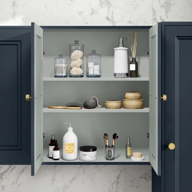 Inky Blue Wall Hung Mirror Cabinet 700x600mm - Brushed Brass Accents