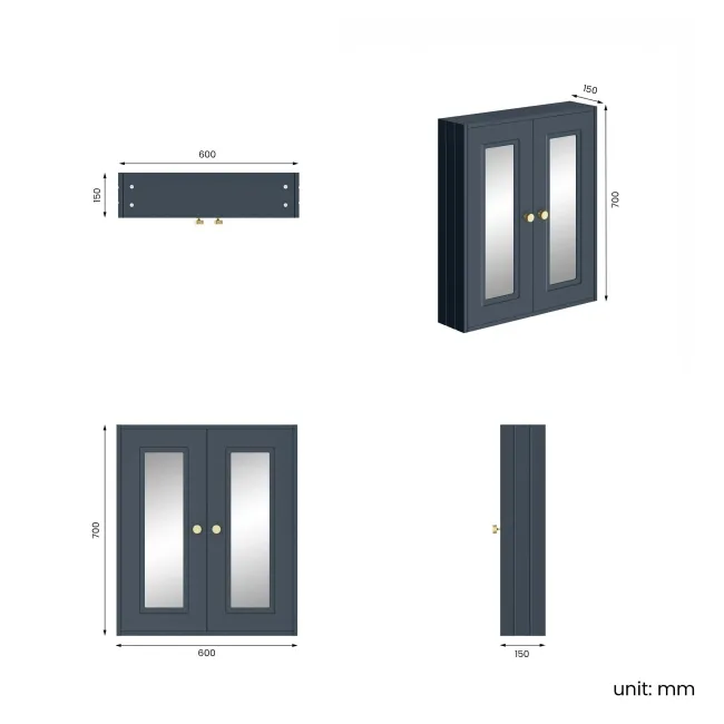 Inky Blue Wall Hung Mirror Cabinet 700x600mm - Brushed Brass Accents
