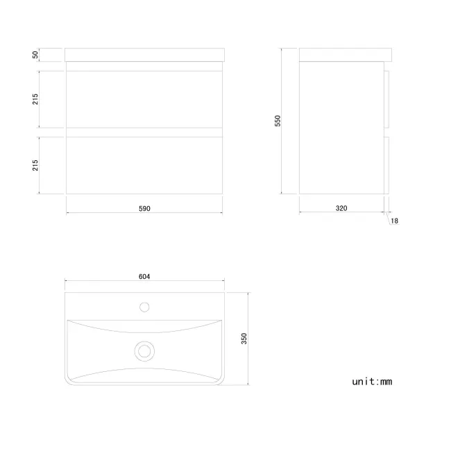 Corsica Storm Grey Wall Hung Slimline Basin Drawer Vanity 600mm