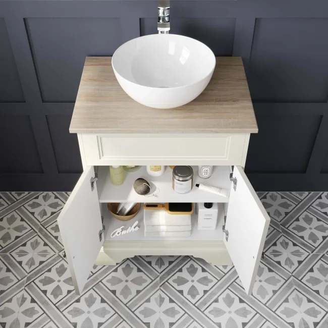 Lucia Chalk White Vanity With Oak Effect Top & Round Counter Top Basin 640mm