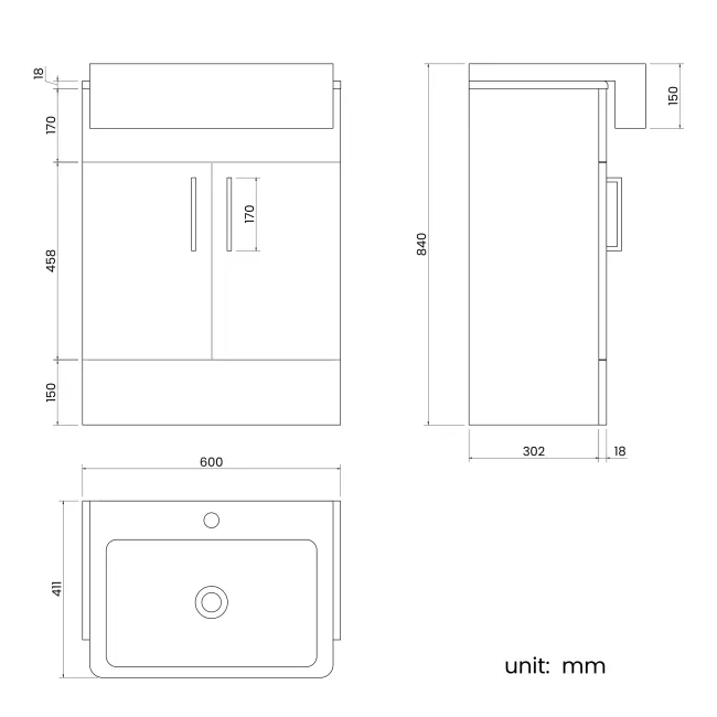 Harper Stone Grey Vanity with Semi Recessed Basin 600mm