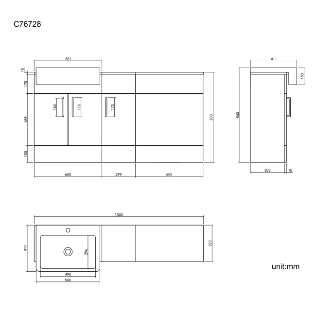 Harper Stone Grey Combination Vanity Basin 1500mm (Excludes Pan + Cistern)
