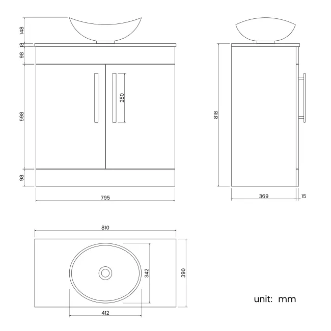 Avon Stone Grey Vanity with Oval Counter Top Basin 800mm